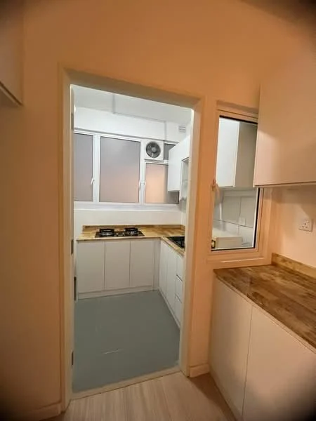 Kitchen features: white cabinetry, wood countertop, double-basin stainless-steel sink, chrome pull-down faucet, 2-burner gas hob, exhaust fan, grey tile flooring, window with white frame, light-colored walls, open layout, built-in cabinets; style: modern.