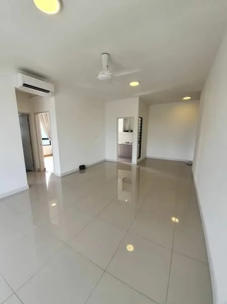 Living features: white painted walls, glossy ceramic tile flooring, 5-blade ceiling fan with light, wall-mounted split AC, recessed downlights, floor-to-ceiling windows, curtains, open layout; style: modern; view: city.