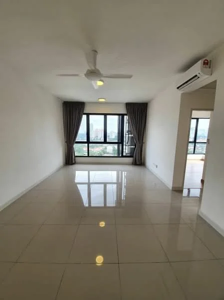 Living features: white painted walls, glossy ceramic tile flooring, 5-blade ceiling fan with light, recessed downlights, floor-to-ceiling windows, curtains, air conditioning unit, city view; style: modern; view: city.