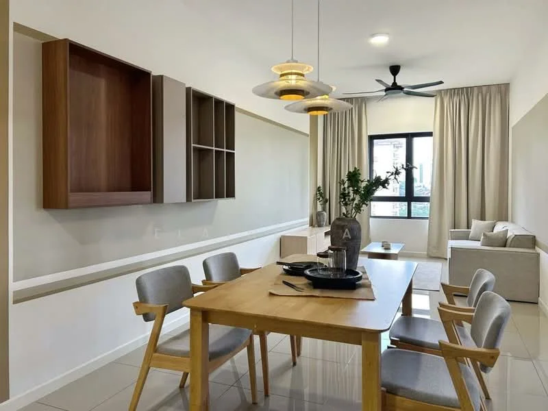 Dining features: wooden dining table, 4 dining chairs with fabric upholstery, hanging pendant lights, wall-mounted wooden shelving unit, white painted walls, grey curtains, floor-to-ceiling window, ceramic tile flooring, ceiling fan; style: modern; view: city. Living features: fabric sofa, decorative cushions, coffee table, white painted walls, grey curtains, ceramic tile flooring; style: modern; view: city.