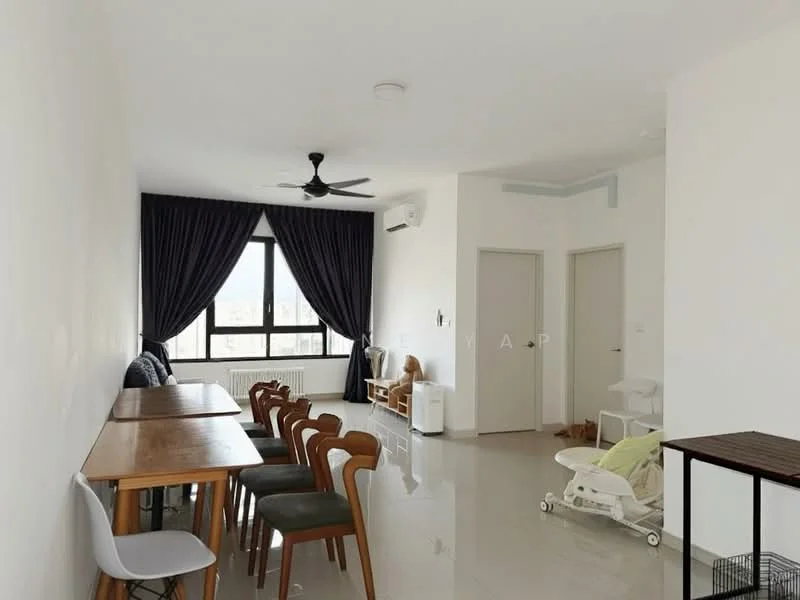 Living features: white painted walls, glossy tile flooring, 5-blade ceiling fan with light, floor-to-ceiling windows, dark curtains, wooden dining table with 8 chairs, air conditioning unit, refrigerator, light-colored sofa, baby stroller, two doors leading to other rooms; style: modern; view: city.