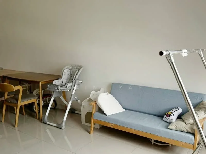 Living features: grey fabric sofa, wooden dining table, 4 wooden dining chairs, high chair, white decorative pillow, area rug, ceramic tile flooring, plain white walls, large window with natural light; style: modern.