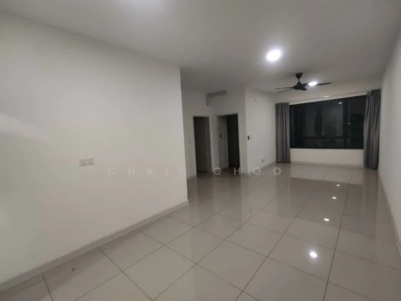 Living features: white painted walls, glossy ceramic tile flooring, 5-blade ceiling fan with light, floor-to-ceiling window, curtains, recessed downlights, neutral color scheme, open layout; style: modern; view: city.