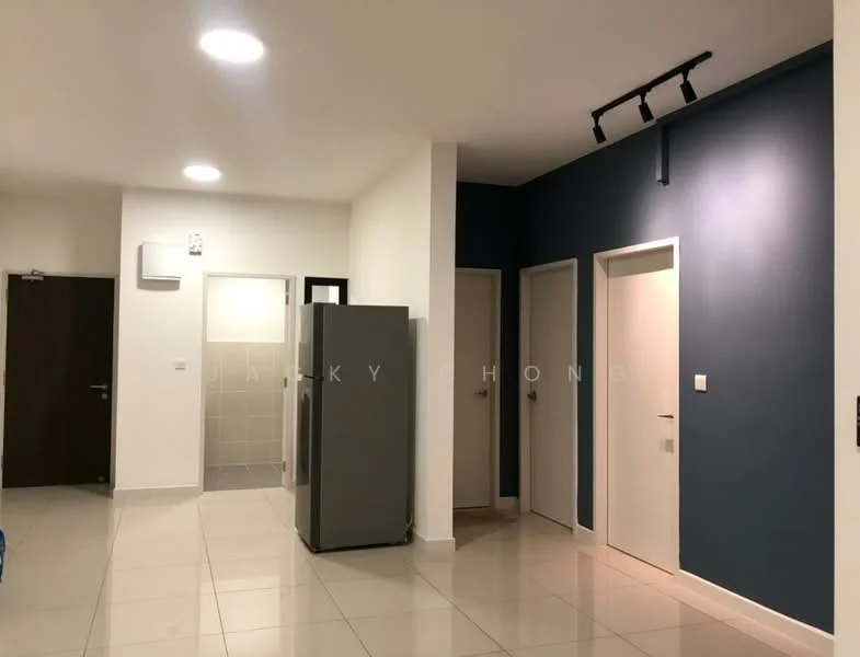 Room features: white painted walls, blue accent wall, tile flooring, recessed downlights, track lighting, single-door wooden door, frosted glass door, stainless-steel fridge, wall-mounted air conditioning unit; style: modern.