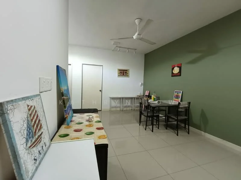 Living features: cream painted walls, green accent wall, glossy tile flooring, 5-blade ceiling fan, dining table with chairs, framed artwork on wall, decorative wall art, light fixture on ceiling; style: modern.