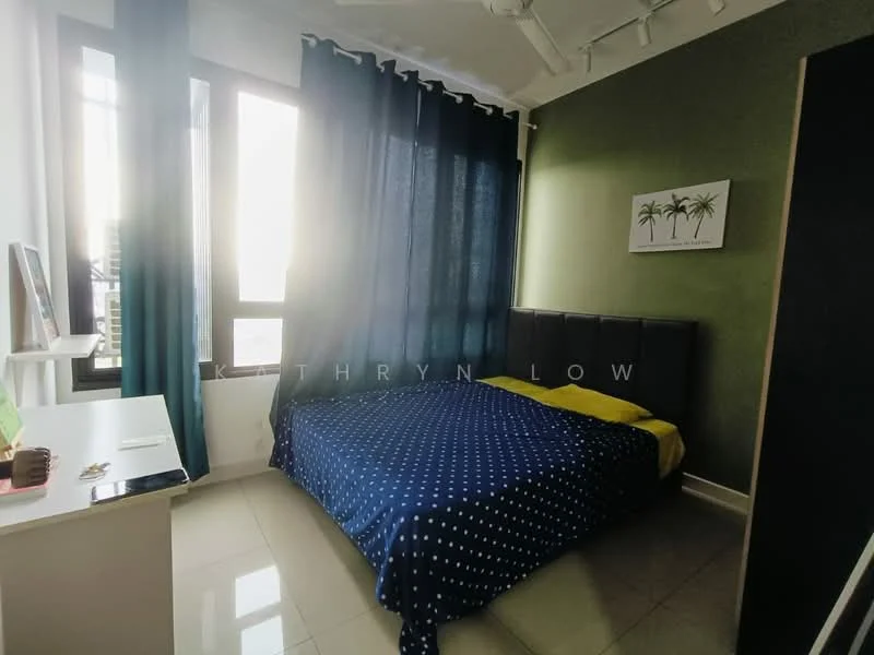 Bedroom features: queen-size bed with blue polka dot bedding, upholstered headboard, green accent wall, white walls, floor-to-ceiling windows, blackout curtains, polished tile flooring, framed artwork with palm trees, nightstand, decorative items on nightstand; style: modern; view: city.