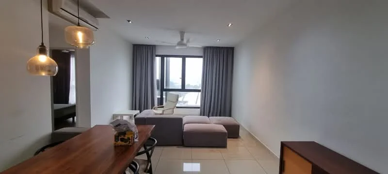 Living features: white painted walls, glossy tile flooring, 5-blade ceiling fan with light, floor-to-ceiling windows, grey curtains, sofa with ottoman, wooden dining table, black dining chairs, decorative wall shelf; style: modern; view: city.