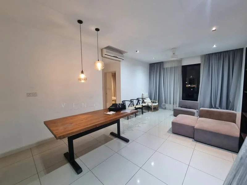 Living features: white painted walls, glossy tile flooring, 5-blade ceiling fan with light, recessed LED downlights, large windows with sheer curtains, sofa in light grey fabric, wooden dining table with black metal legs, 4 dining chairs, air conditioning unit on wall, decorative wall art, area rug; style: modern; view: city.