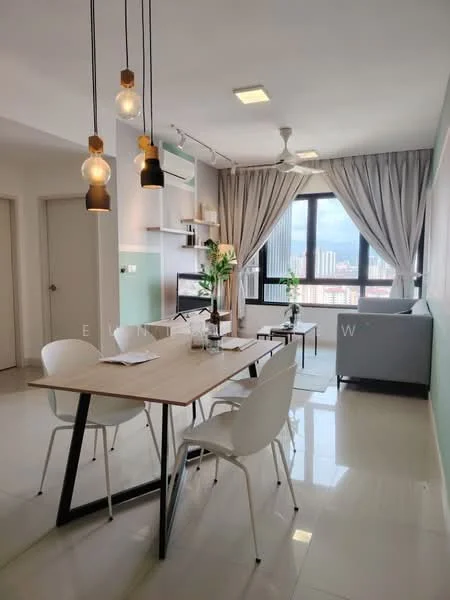 Dining features: dining table with wooden top, 4 white plastic dining chairs, pendant lighting with glass bulbs, wall-mounted shelving, grey sofa, floor-to-ceiling windows, curtains, ceiling fan, light-colored walls, glossy tile flooring; style: modern; view: city.