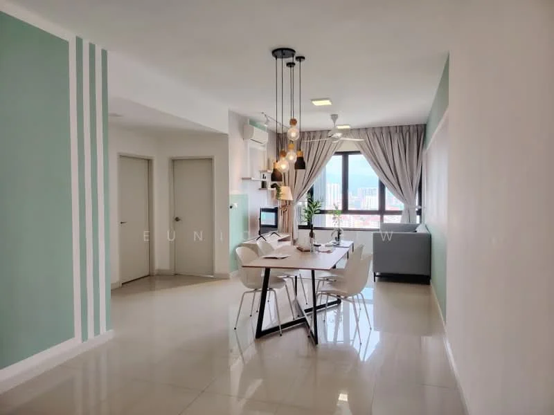 Dining features: white dining table, 4 white dining chairs, pendant light fixture with multiple bulbs, green accent wall with vertical stripes, white walls, large window with city view, curtains, tile flooring, wall-mounted air conditioning unit, decorative plant on table; style: modern; view: city. Room features: 2 white doors, light-colored walls, recessed ceiling lights.
