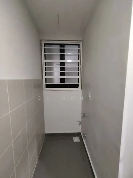 Room features: white painted walls, grey tiled flooring, window with security bars, water tap, drainage outlet.