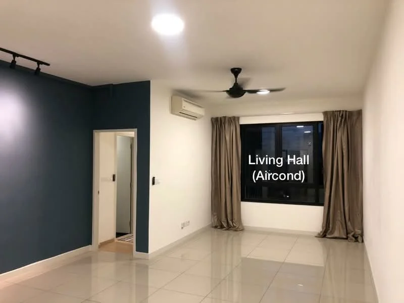 Living features: white painted walls, blue accent wall, glossy tile flooring, 5-blade ceiling fan, wall-mounted air conditioning unit, floor-to-ceiling window, curtains, recessed lighting; style: modern.