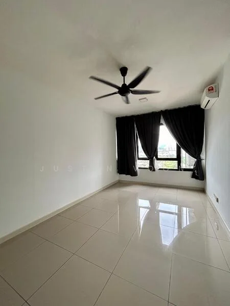 Room features: white painted walls, glossy ceramic tile flooring, 5-blade ceiling fan, floor-to-ceiling windows, blackout curtains, air conditioning unit, natural light from windows; style: modern; view: city.