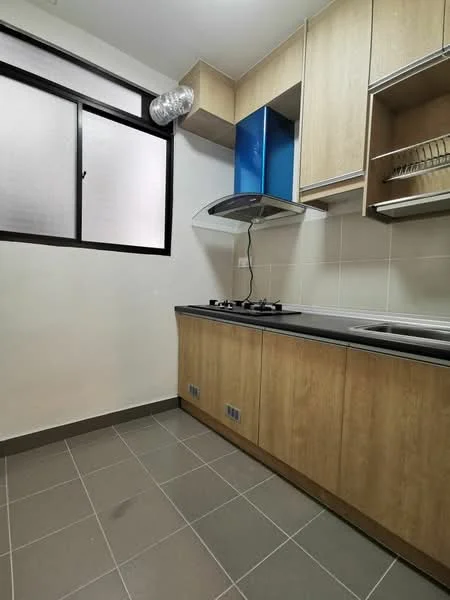 Kitchen features: wood cabinetry, black countertop, stainless-steel range hood, 4-burner gas hob, single-bowl stainless-steel sink, grey ceramic tile flooring, window with black frame, open shelving; style: modern.