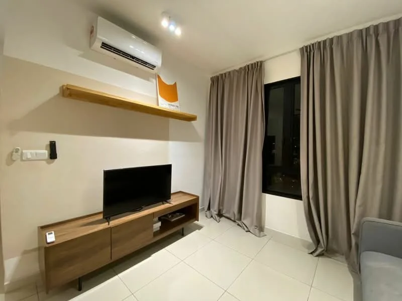 Living features: wall-mounted TV, wooden TV console, grey fabric sofa, air conditioning unit, shelf above TV console, floor-to-ceiling window, curtains in light grey, ceramic tile flooring; style: modern; view: city.