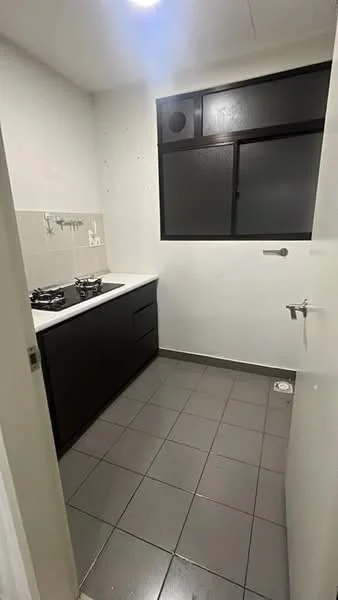 Kitchen features: black cabinetry, white countertop, stainless-steel sink, 2-burner gas hob, tile backsplash, grey ceramic tile flooring, single window, wall-mounted faucet, wall hooks, under-cabinet lighting; style: modern.