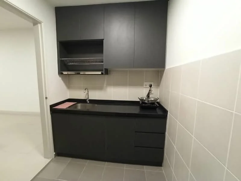 Kitchen features: black laminate cabinetry, black granite countertop, single-bowl stainless-steel sink, chrome pull-down faucet, built-in kitchen hood, tile backsplash, grey ceramic tile flooring, under-cabinet lighting, three drawers, open shelving; style: modern.