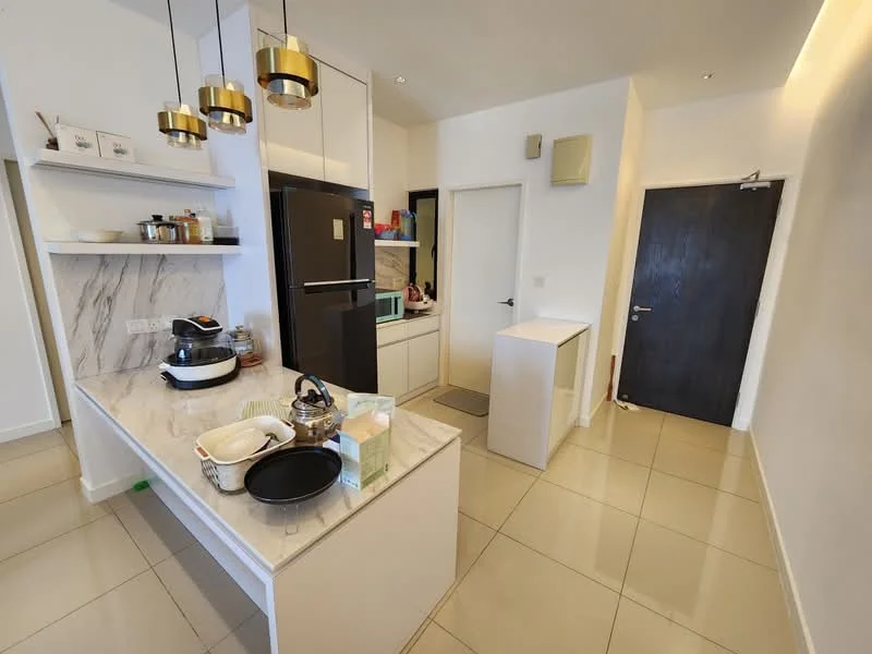 Kitchen features: white cabinetry, marble countertop, stainless-steel fridge, built-in oven, ceramic cooktop, black kitchen island, pendant lights, tile flooring, open shelving, kitchen utensils, sink, dish rack; style: modern. Hallway features: white walls, door leading to hallway, tile flooring; style: modern.