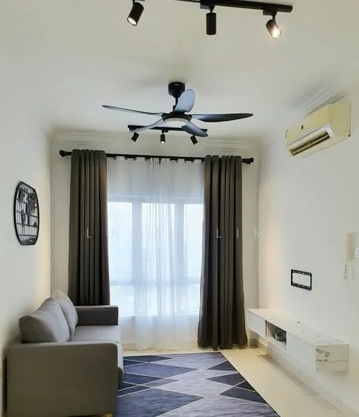 Living features: 3-seater fabric sofa in grey, area rug with geometric pattern, wall-mounted TV console, floor-to-ceiling windows, sheer curtains, blackout curtains, 5-blade ceiling fan with light, wall-mounted air conditioning unit, recessed downlights, decorative wall art; style: modern; view: city.