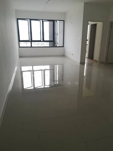 Room features: white painted walls, glossy tile flooring, floor-to-ceiling windows, natural light, open layout, no visible furniture, neutral color scheme, high ceiling; style: modern; view: city.