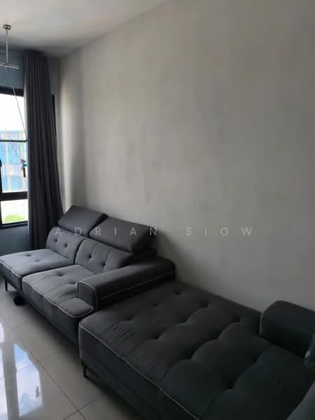 Living features: grey fabric sectional sofa, tufted upholstery, floor-to-ceiling windows, grey painted walls, white tile flooring, curtains, ceiling light fixture; style: modern; view: garden.