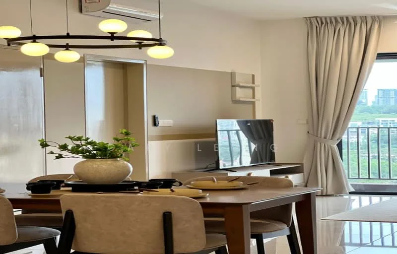 Dining features: round dining table, upholstered dining chairs, decorative vase with greenery, wall-mounted TV, floor-to-ceiling windows, curtains, light fixture with multiple bulbs, air conditioning unit; style: modern; view: city.