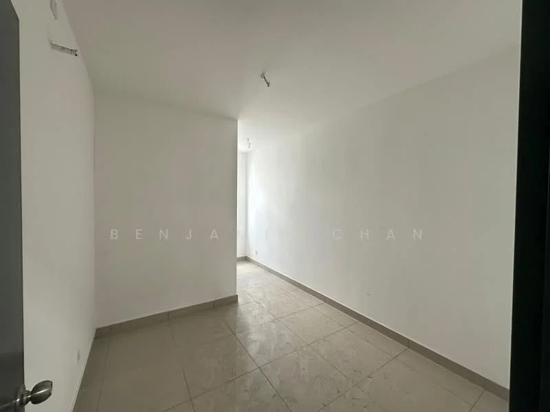 Room features: white painted walls, tile flooring, natural light from window, minimalist design, no visible furniture, neutral color palette, single ceiling light fixture, corner space; style: minimalist.