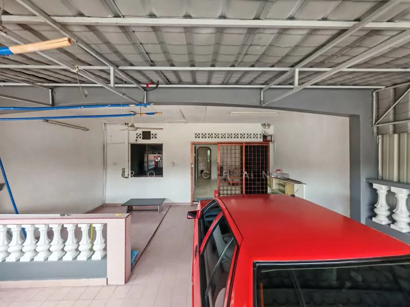 Exterior type: car porch; features: red car parked, tiled flooring, white railing, grey painted walls, metal roof, exposed beams, utility area with sink, open layout, suspended ceiling, lighting fixtures; style: modern.