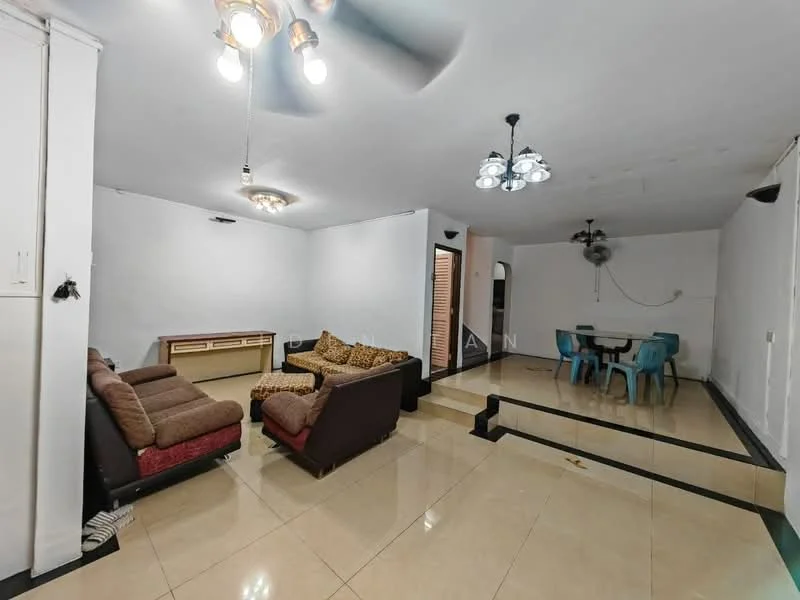 Living features: cream painted walls, polished ceramic tile flooring, 5-blade ceiling fan with light, recessed downlights, sofa with brown upholstery, armchair with patterned upholstery, coffee table, TV console, dining table with blue plastic chairs, wall-mounted light fixture; style: modern.