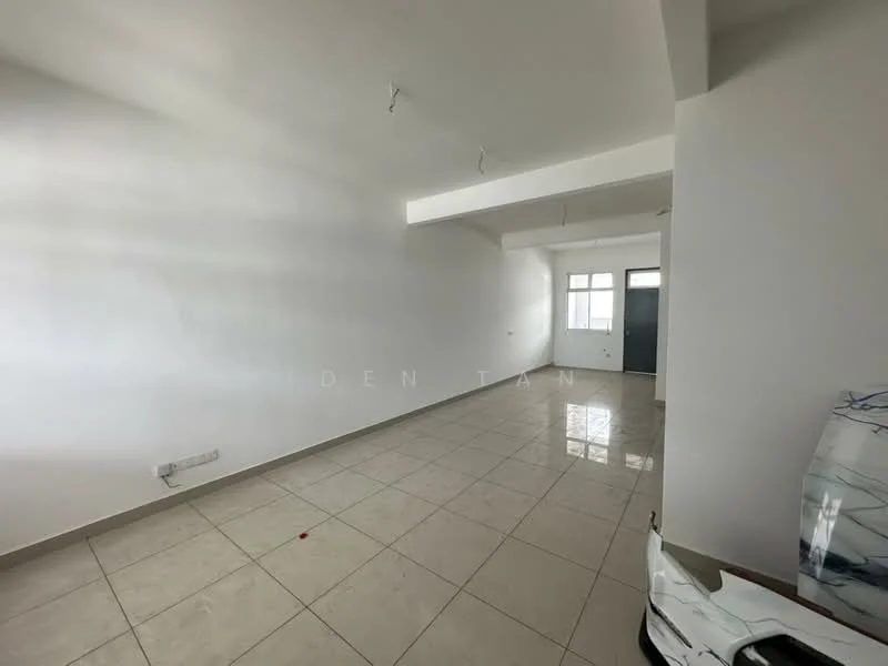 Room features: white painted walls, tile flooring, recessed ceiling, large windows, natural light, open layout, no visible furniture, neutral color scheme; style: modern.