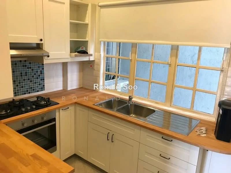 Kitchen features: white shaker cabinets, wood countertop, stainless-steel sink, chrome pull-down faucet, 4-burner gas hob, built-in oven, blue mosaic tile backsplash, window with multiple panes, under-cabinet lighting, open shelving, kitchen appliances, wall-mounted cabinet; style: modern.