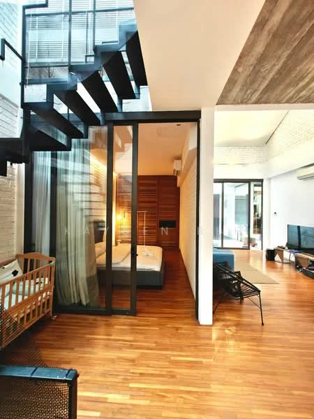 Bedroom features: wood flooring, white painted walls, floor-to-ceiling windows, queen-size bed, upholstered headboard, built-in wardrobe, curtains, decorative wall paneling; style: modern. Living features: wood flooring, white painted walls, TV console, wall-mounted TV, sofa, coffee table, air conditioning unit, decorative wall paneling; style: modern.