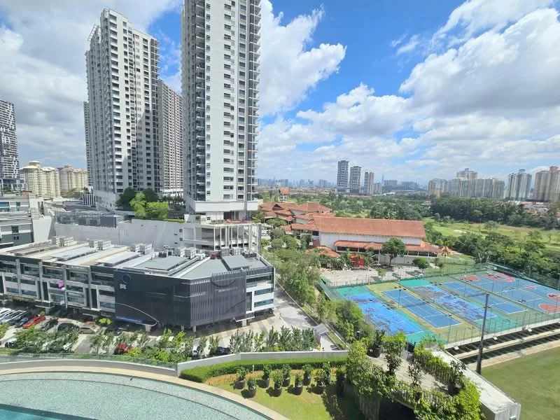 Exterior type: high-rise condominium; features: glass curtain wall, surrounded by mature greenery, basketball court, tennis court, multi-storey car park, swimming pool deck, urban skyline view, manicured landscaping; style: modern.