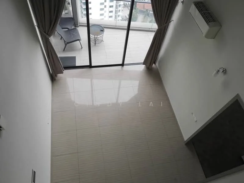 Room features: large floor-to-ceiling windows, sliding glass door, grey tiled flooring, white painted walls, curtains, 1 wall-mounted split AC, balcony access, outdoor seating area visible; style: modern; view: city.