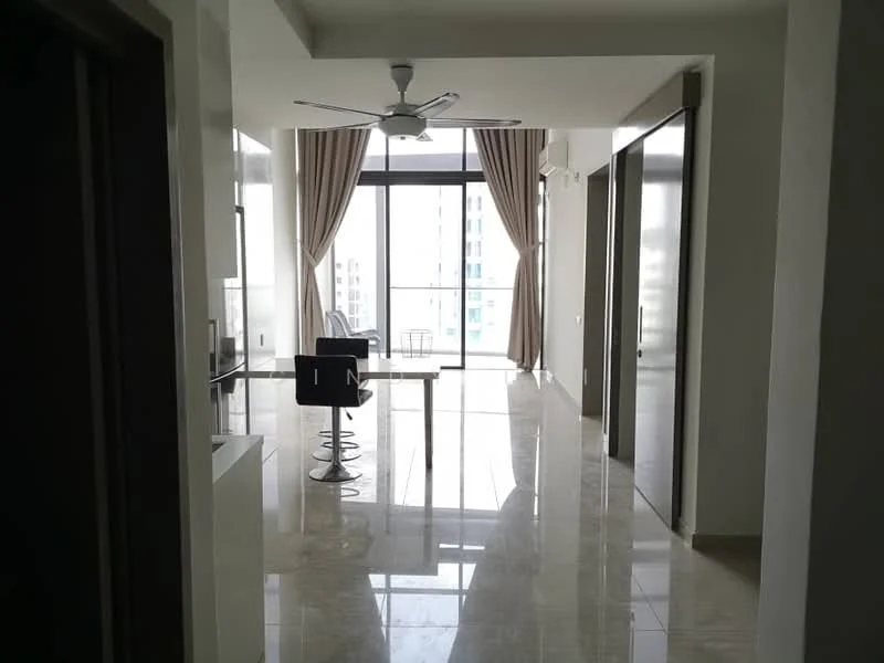 Living features: marble tile flooring, 5-blade ceiling fan, floor-to-ceiling windows, sheer curtains, dining table with chairs, open layout, neutral wall color, natural light; style: modern; view: city.