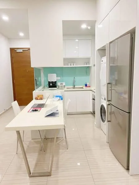 Kitchen features: white cabinetry, marble countertop, stainless-steel refrigerator, built-in oven, microwave, single-bowl stainless-steel sink, chrome pull-down faucet, glass backsplash, white tile flooring, recessed downlights, washing machine, breakfast bar with white table, 4 white chairs; style: modern.