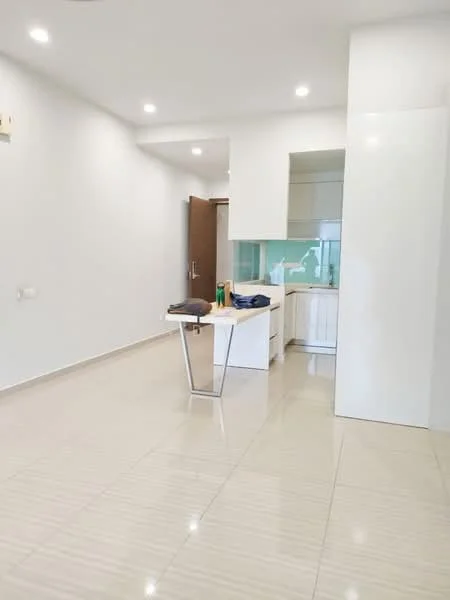 Room features: white painted walls, glossy beige tile flooring, recessed downlights, open kitchen layout, kitchen cabinetry with white finish, glass splashback, kitchen countertop, table with metal legs, foldable chairs, visible appliances on countertop; style: modern.