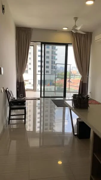 Living features: floor-to-ceiling windows, sliding glass door, curtains, 5-blade ceiling fan, recessed downlights, glossy tile flooring, neutral painted walls, open layout, view of city skyline; style: modern; view: city.