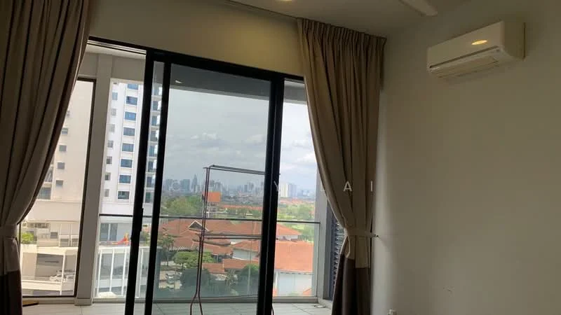 Room features: floor-to-ceiling windows, curtains, wall-mounted split AC, neutral wall colour, exposed ceiling beams, view of city skyline, balcony access; style: modern; view: city.