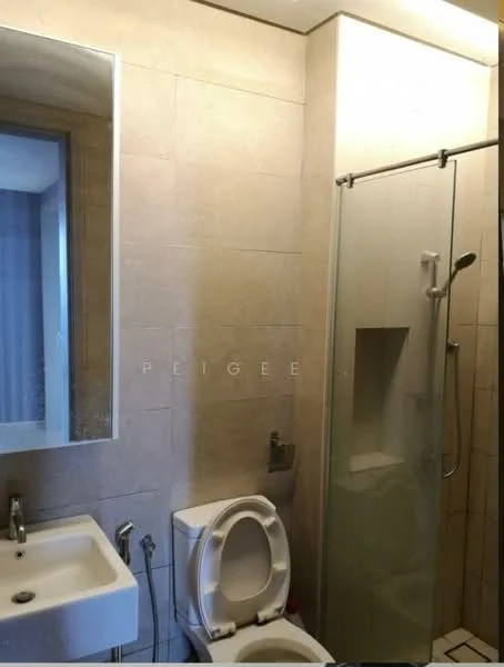 Bathroom features: glass shower enclosure, rain shower head, handheld shower, white ceramic toilet, single-sink vanity with chrome faucet, mirror above sink, beige tile walls, white tile flooring, recessed lighting; style: modern.