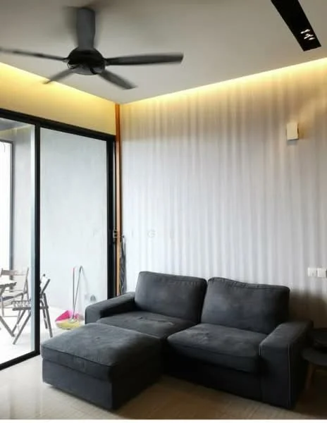 Living features: 3-seater fabric sofa in grey, ceiling fan, floor-to-ceiling windows, light wood flooring, recessed LED downlights, wall-mounted light, textured wall with vertical lines, sliding glass door; style: modern; view: garden.