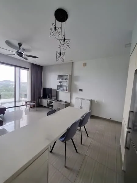 Living features: 5-blade ceiling fan with light, pendant light fixture, floor-to-ceiling windows, grey curtains, light-coloured wall, white cabinetry, flat-panel cabinetry, TV console, wall-mounted TV, open-plan layout, marble flooring, dining table with chairs, sofa, decorative wall shelf; style: modern; view: city.