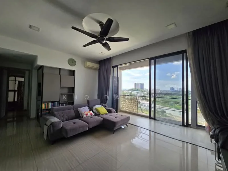 Living features: 3-seater fabric sofa in grey, ceiling fan with light, floor-to-ceiling windows, sliding glass door, curtains, wall-mounted clock, light-colored walls, glossy tile flooring, decorative cushions, TV console, view of city skyline; style: modern; view: city.
