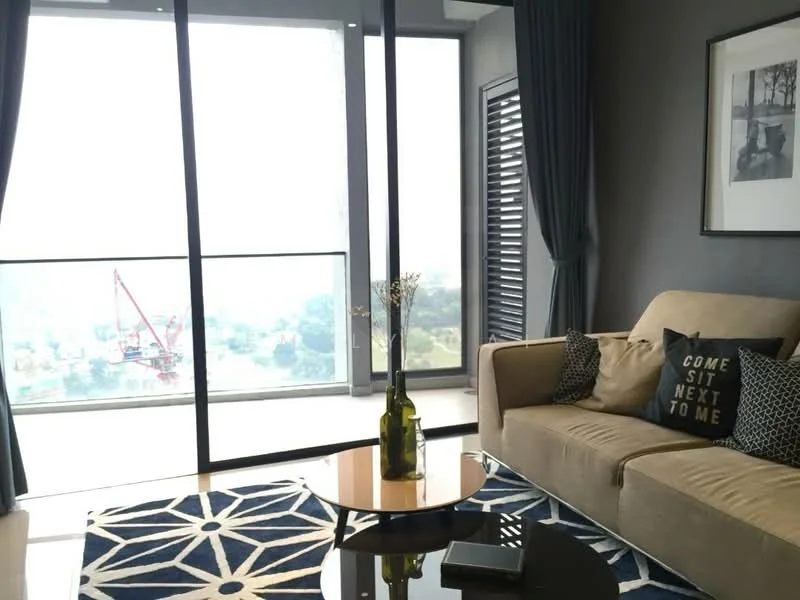 Living features: beige fabric sofa, black and white patterned throw pillows, round coffee table, area rug with geometric pattern, floor-to-ceiling windows, curtains, decorative vase with flowers, framed artwork on wall; style: modern; view: city.