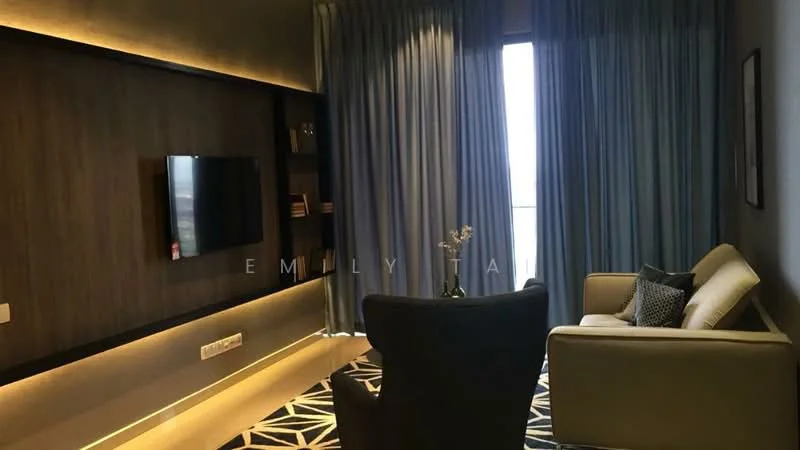 Living features: wall-mounted TV, wood panel accent wall, recessed lighting, floor-to-ceiling windows, sheer curtains, dark fabric armchair, light-colored sofa, decorative throw pillows, geometric area rug; style: modern; view: city.