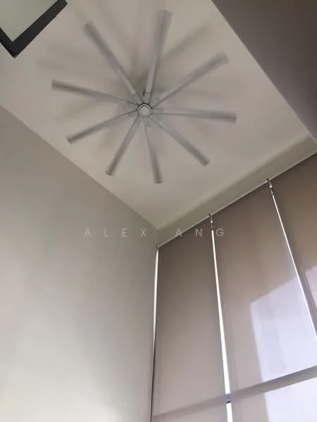 Room features: 5-blade ceiling fan with integrated LED light, beige roller blinds, white painted walls.