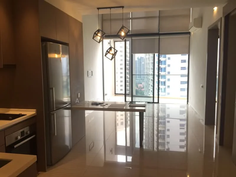 Kitchen features: stainless-steel fridge, built-in oven, 4-burner gas hob, white cabinetry, grey countertop, pendant lighting, open-plan layout, floor-to-ceiling windows, polished tile flooring, air conditioning unit; style: modern; view: city.