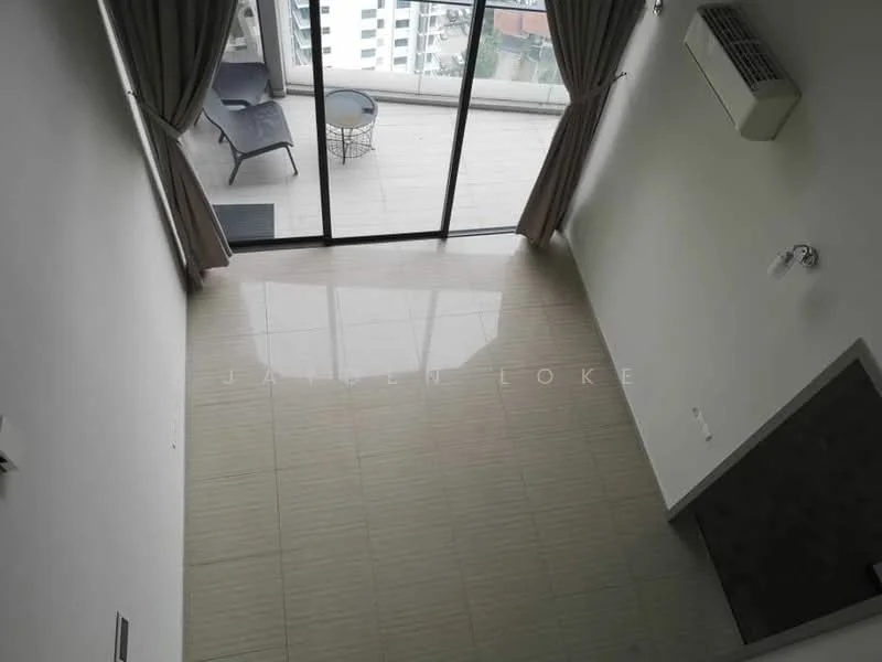 Room features: white painted walls, glossy tile flooring, floor-to-ceiling windows, sliding glass door, curtains, wall-mounted split AC; style: modern; view: city.