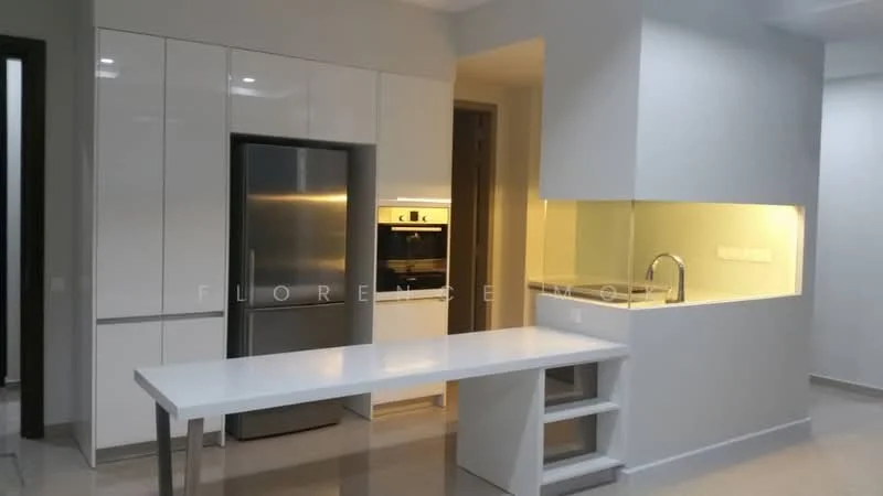 Kitchen features: white cabinetry with flat-panel doors, stainless-steel fridge, built-in oven, single-bowl stainless-steel sink, chrome pull-down faucet, white countertop, kitchen island with seating, recessed downlights, tile flooring, wall-mounted microwave; style: modern.