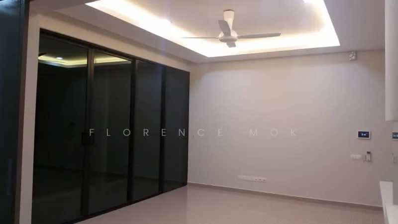 Living features: white painted walls, glossy tile flooring, tray ceiling with recessed lighting, 5-blade ceiling fan, floor-to-ceiling glass sliding doors, smart thermostat, wall-mounted control panel, neutral color scheme; style: modern.